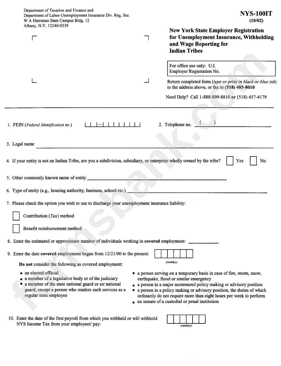 Form Nys-100it -New York State Employer Registration For Unemployment Insurance, Withholding And Wage Reporting For Indian Tribes