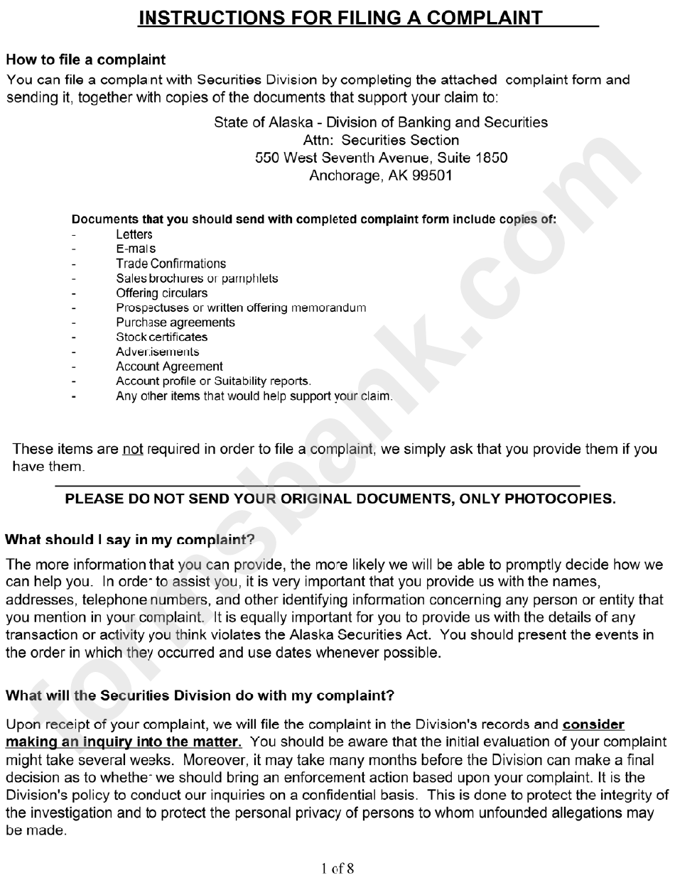 Form 08-115a - Investment Complaint Form - Instructions For Filing A Complaint