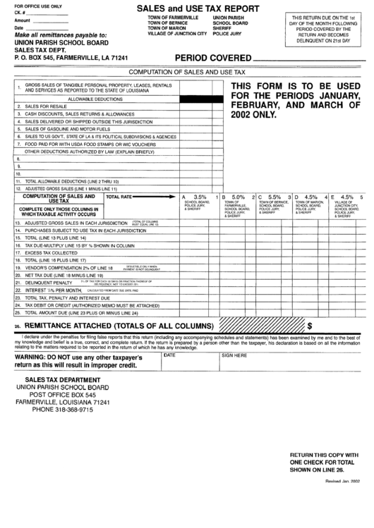 Sales And Use Tax Report - Sales Tax Department Of Farmerville Printable pdf