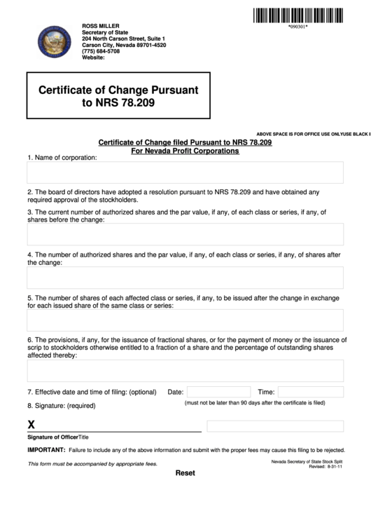 Fillable Certificate Of Change Pursuant To Nrs 78.209 - Nevada Secretary Of State Printable pdf