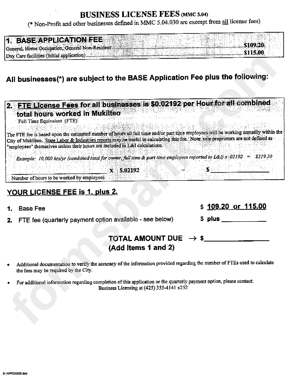 Business License Fees - City Of Mukilteo