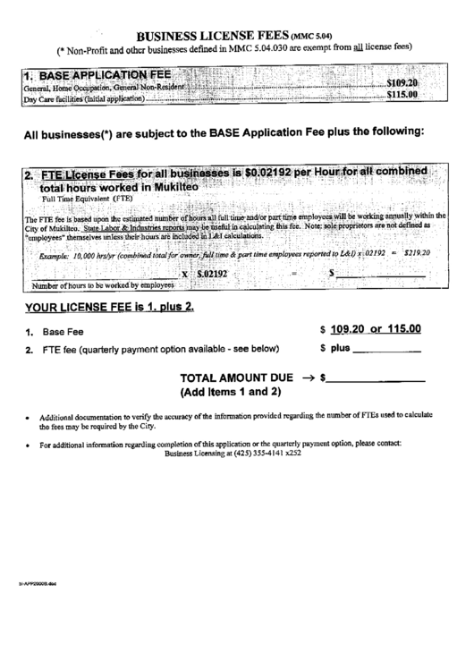 Business License Fees - City Of Mukilteo Printable pdf