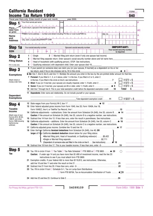 Fillable Form 540 California Resident Tax Return 1999 printable pdf download