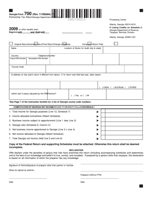 Georgia Form 700 - Partnership Tax Return - 2009 Printable pdf
