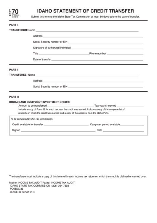 Fillable Form 70 Idaho Statement Of Credit Transfer 2016 Printable 