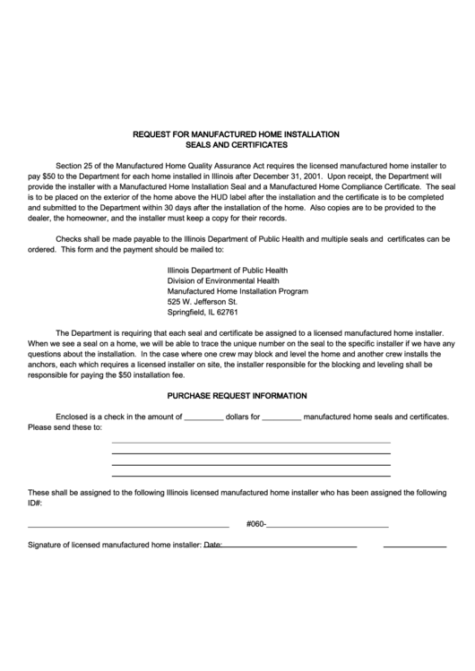 Purchase Request Information - Illinois Department Of Public Health - Division Of Environmental Health - Manufactured Home Installation Program Printable pdf