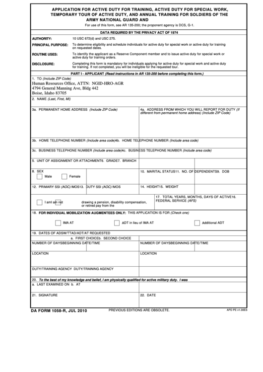 Fillable Da Form 1058-R - Application For Active Duty For Training, Active Duty For Special Work, Temporary Tour Of Active Duty, And Annual Training For Soldiers Of The Army National Guard And U.s. Army Reserve Printable pdf