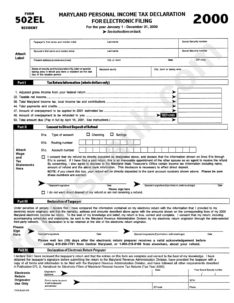 Form 502el - Maryland Personal Income Tax Declaration For Electronic Filing - 2000