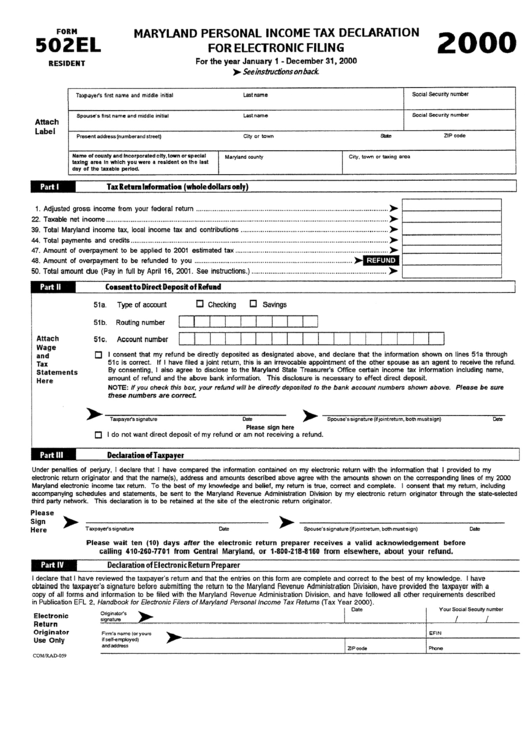 Form 502el - Maryland Personal Income Tax Declaration For Electronic Filing - 2000 Printable pdf