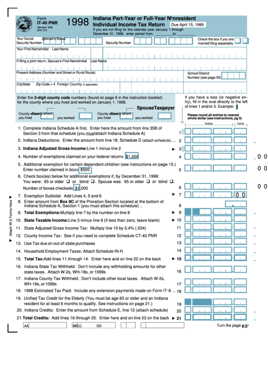 Fillable Form It-40 Pnr - Indiana Part-Year Or Full-Year Nonresident Individual Income Tax Return - 1998 Printable pdf