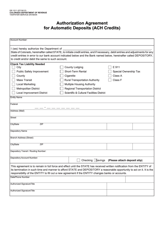 Form Dr 1011 - Authorization Agreement For Automatic Deposits (Ach Credits) Printable pdf