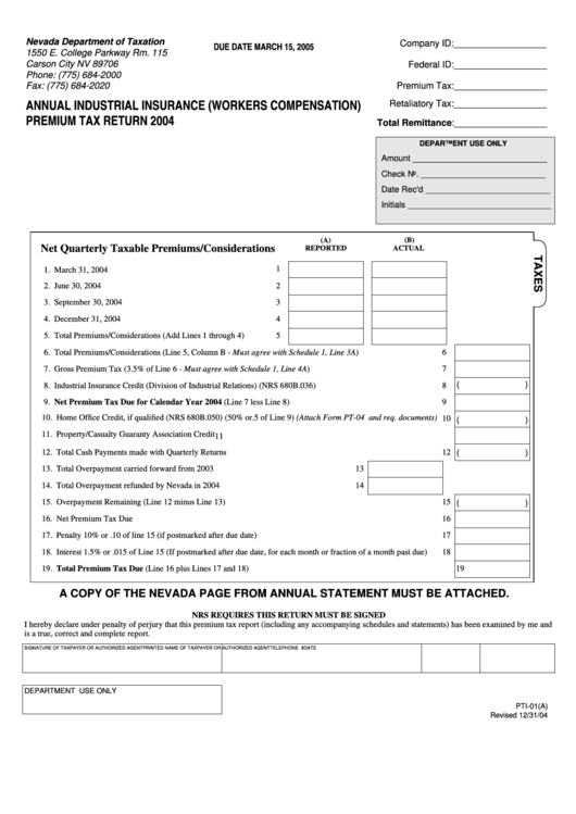 Form Pti-01(A) - Annual Industrial Insurance (Workers Compensation) Premium Tax Return - 2004 Printable pdf