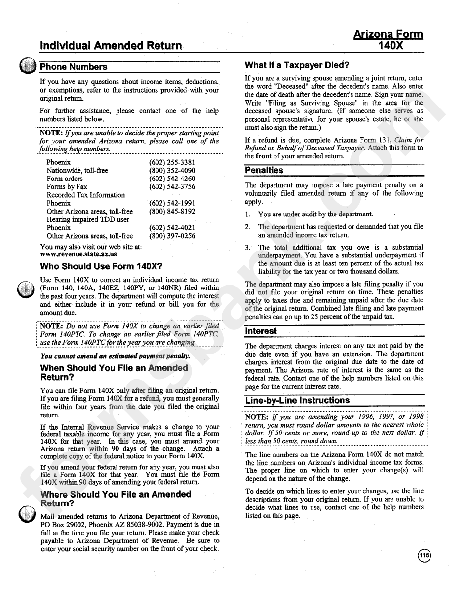 instructions-for-arizona-form-140x-individual-amended-return-printable-pdf-download