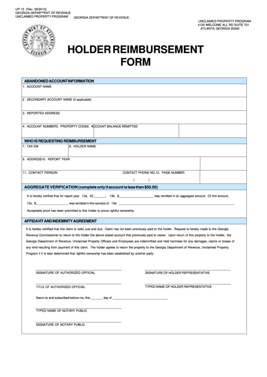 Fillable Form Up-15 - Holder Reimbursement Form Printable pdf