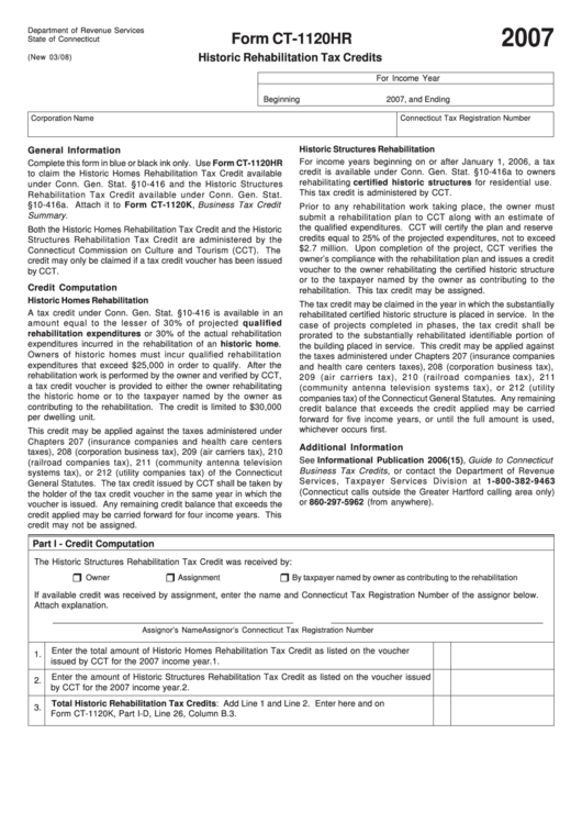 Form Ct-1120hr - Historic Rehabilitation Tax Credits - 2007 Printable pdf