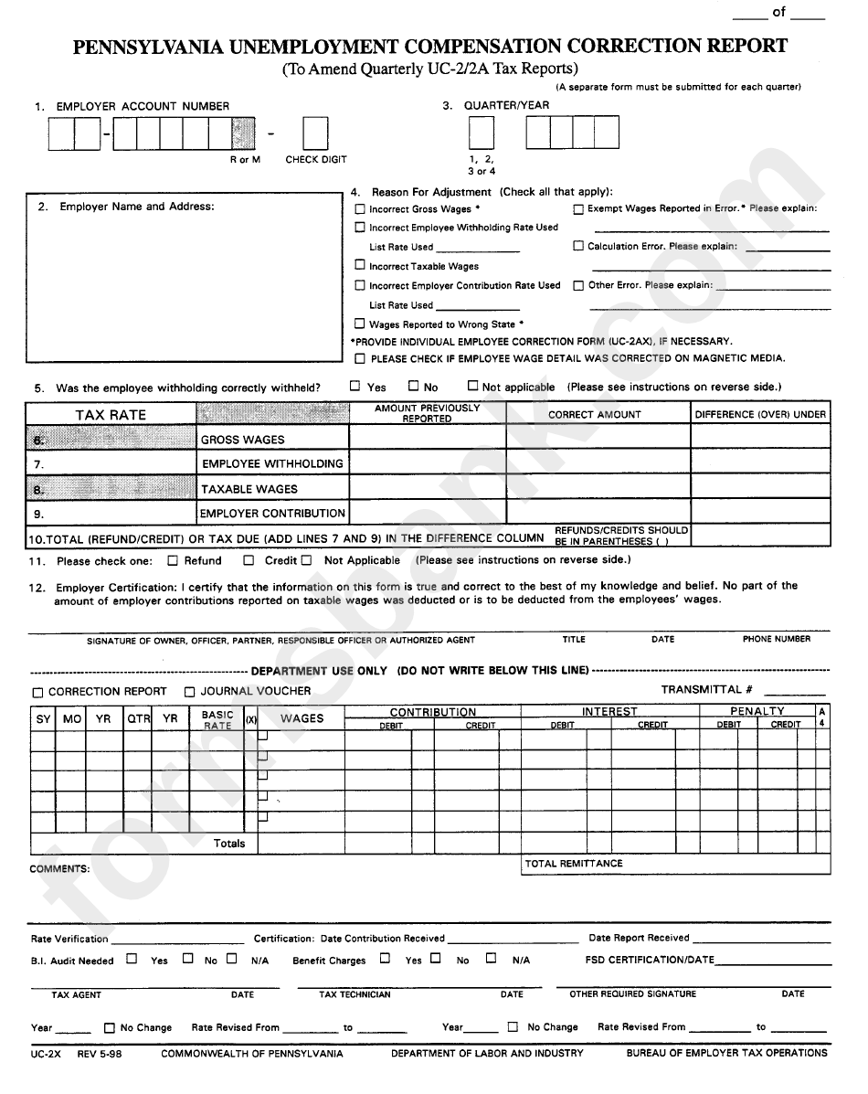 Form Uc-2x - Pennsylvania Unemployment Compensation Correction Report - Department Of Labor And Industry