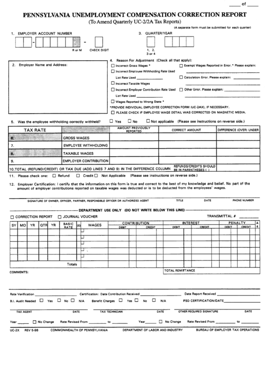 Form Uc-2x - Pennsylvania Unemployment Compensation Correction Report - Department Of Labor And Industry Printable pdf