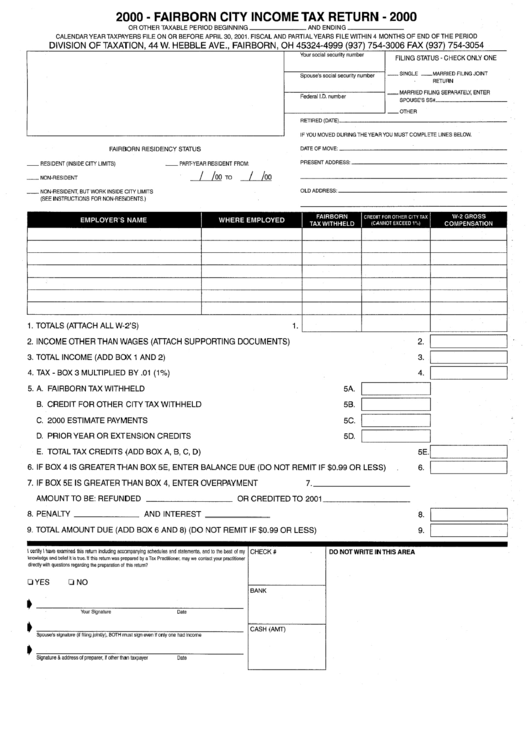 Fairborn City Income Tax Return - 2000 Printable pdf