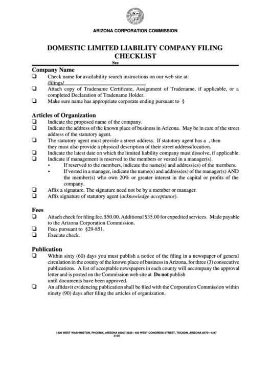 Domestic Limited Liability Company Filing Checklist, Form Ll:0004 - Articles Of Organization Printable pdf