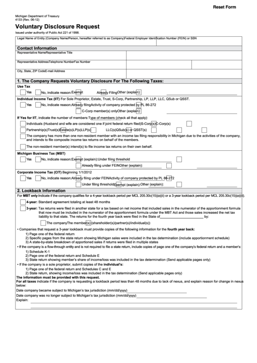 Fillable Form 4133 - Voluntary Disclosure Request Printable pdf
