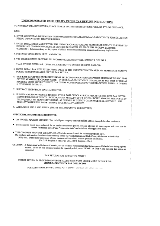 Instructions For Unincorporated Dade Utility Excise Tax Return - Miami-Dade County Collector Printable pdf