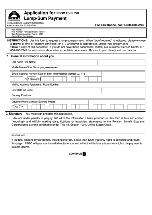Pbgc Form 720 - Application For Lump-Sum Payment Printable pdf