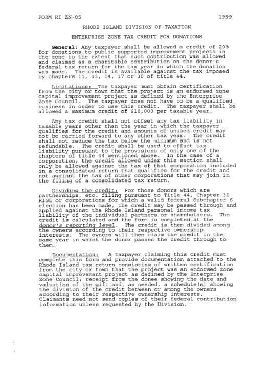 Form Ri Zn-05 - Enterprise Zone Tax Credit For Donations - 1999 Printable pdf