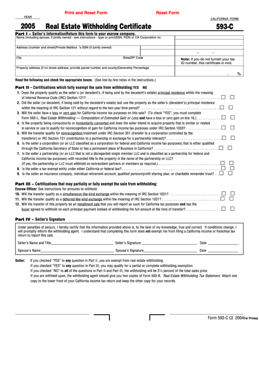 Fillable California Form 593-C - Real Estate Withholding Certificate - 2005 Printable pdf
