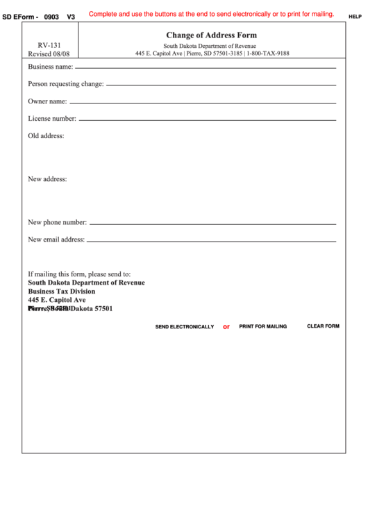 Fillable Sd Eform - 0903v3 - Change Of Address Form Printable pdf