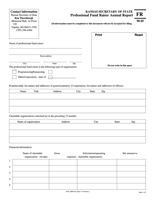 Fillable Form Fr 90-05 - Professional Fund Raiser Annual Report Printable pdf