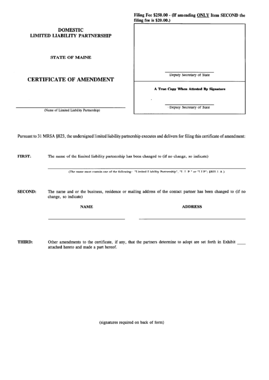 Form Mllp-9 - Certificate Of Amendment - Domestic Limited Liability Partnership Printable pdf