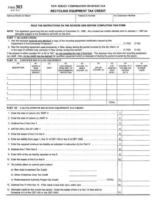 Form 303 - Recycling Equipment Tax Credit Printable pdf