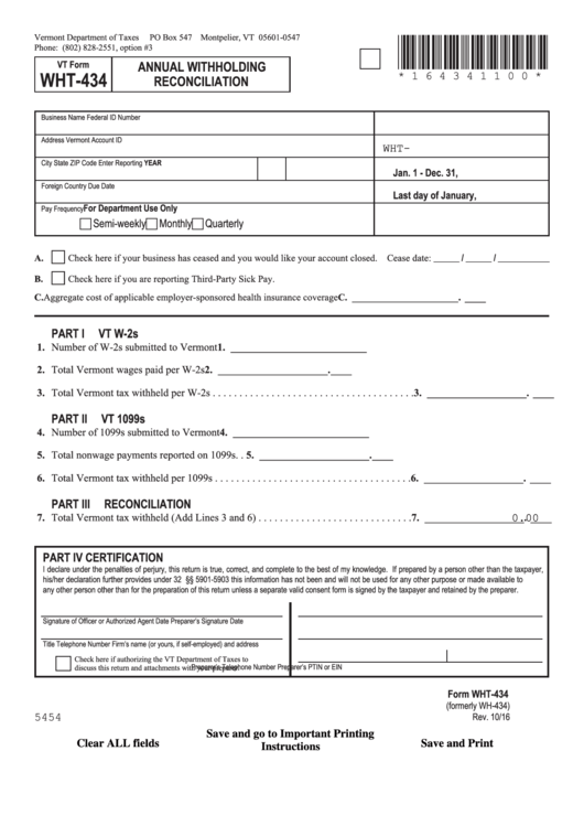 Fillable Vt Form Wht-434 - Annual Withholding Reconciliation Printable pdf