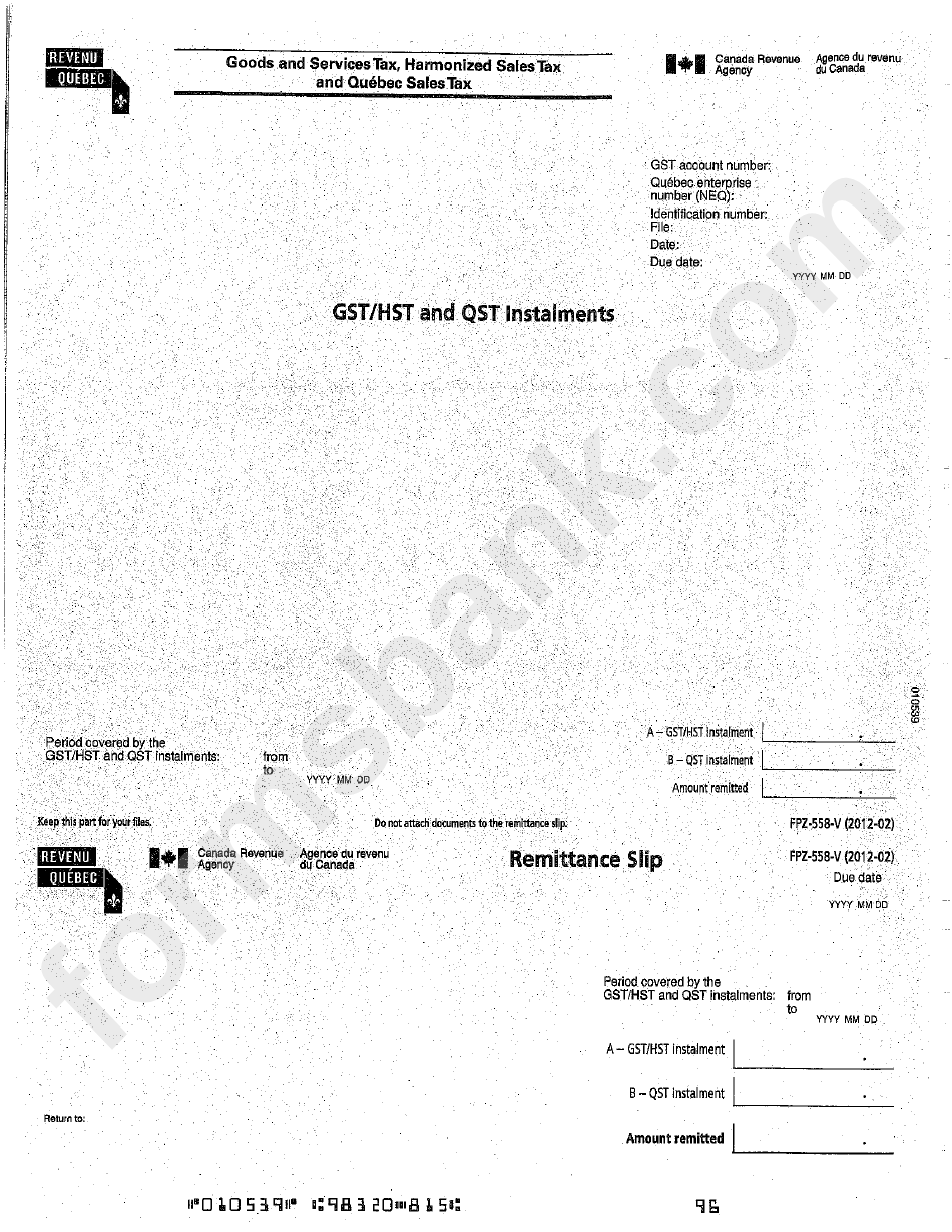 Form Fpz-558-V - Goods And Services Tax, Harmonized Sales Tax And Quebec Sales Tax Instalments - Remittance Slip - Canada Revenue Agency