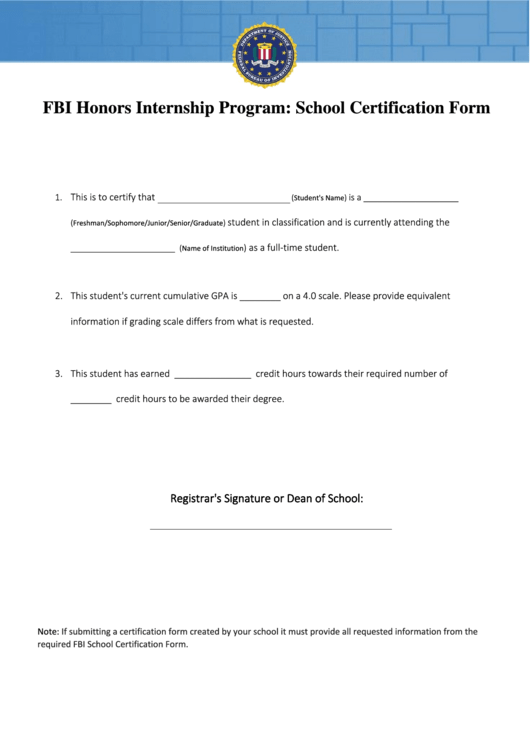 Fbi Honors Internship Program School Certification Form Printable Pdf 