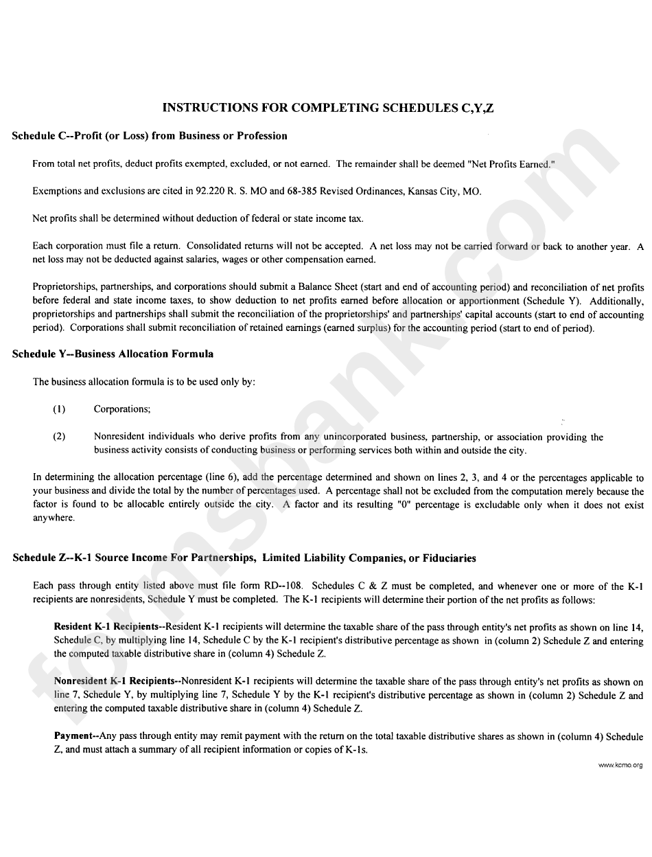 Instructions For Completing Schedules C,y,z - Kansas City - Missouri Mayor