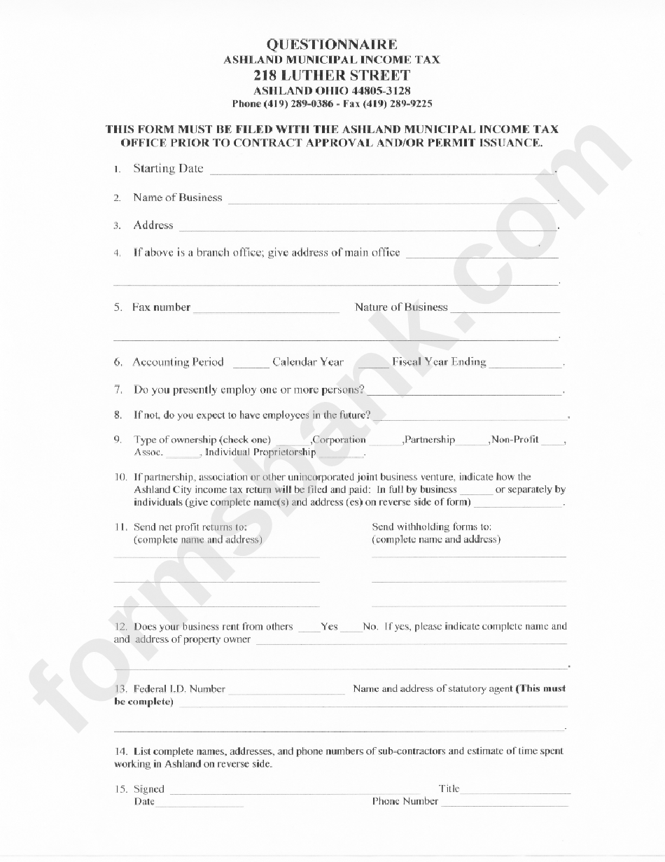 Questionnaire Ashland Municipal Tax printable pdf download