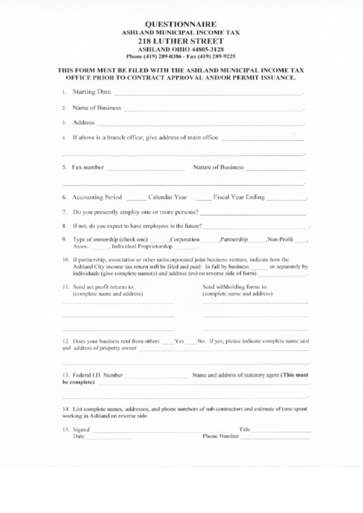 Questionnaire Ashland Municipal Tax printable pdf download