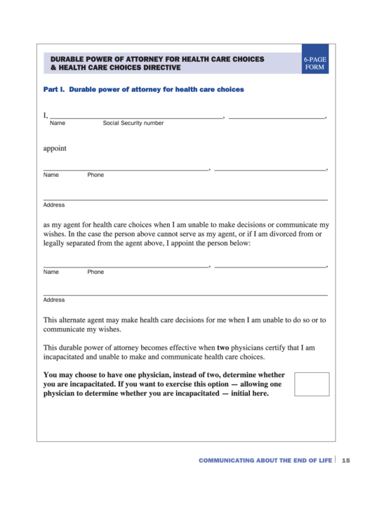 Fillable Durable Power Of Attorney For Health Care Choices & Health Care Choices Directive Printable pdf