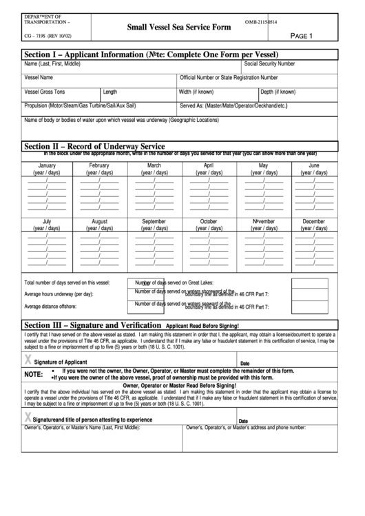 Fillable Form Cg-719s - Small Wessel Sea Service Form Printable pdf