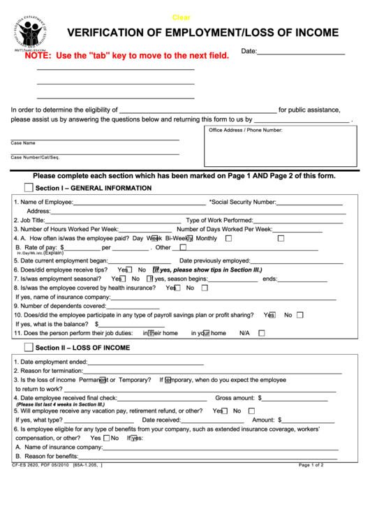 Fillable Form Cf-Es 2620 - Verification Of Employment/loss Of Income Printable pdf
