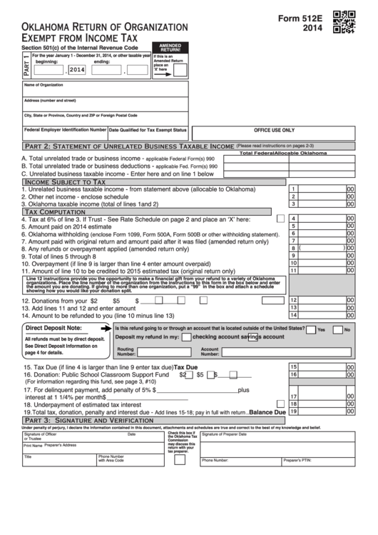 Form 512e - Oklahoma Return Of Organization Exempt From Income Tax - 2014