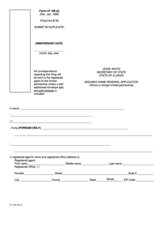 Fillable Form Lp 108 - Assumed Name Renewal Application - Illinois Secretary Of State Printable pdf
