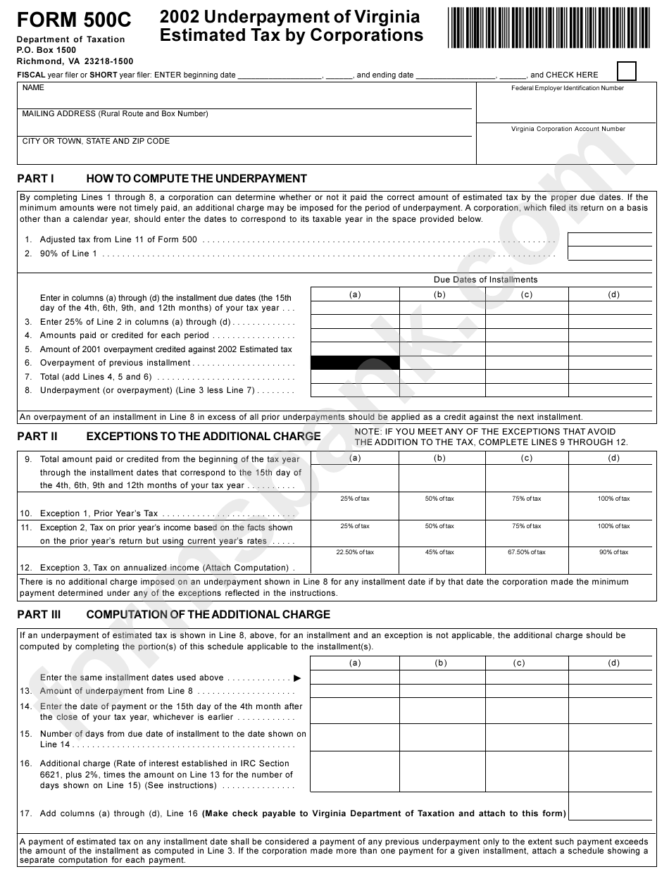 Form 500c - Underpayment Of Virginia Estimated Tax By Corporations - 2002