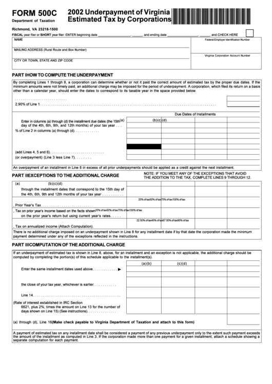 Form 500c - Underpayment Of Virginia Estimated Tax By Corporations - 2002 Printable pdf