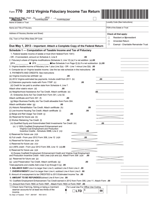 Fillable Form 770 - Virginia Fiduciary Income Tax Return - 2012 Printable pdf
