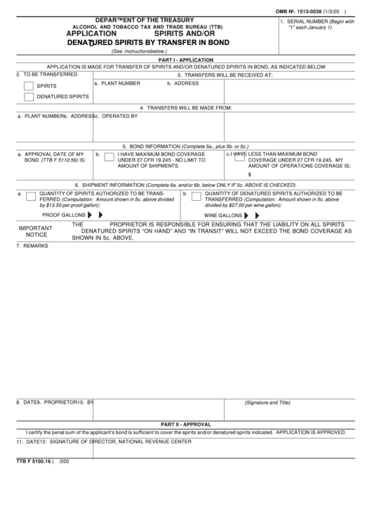 Fillable Form Ttb F 5100.16 - Application To Receive Spirits And/or Denatured Spirits By Transfer In Bond Printable pdf