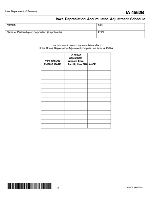 Form Ia 4562b - Iowa Depreciation Accumulated Adjustment Schedule Printable pdf