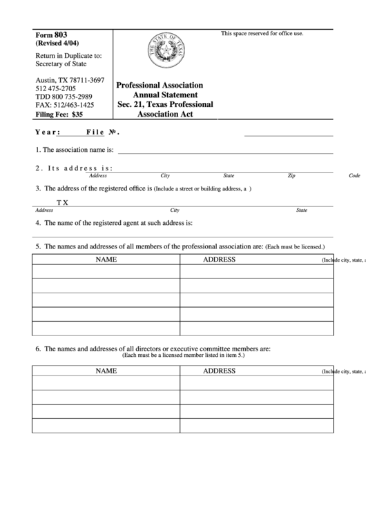 Fillable Form 803 - Professional Association Annual Statement - Texas Secretary Of State Printable pdf