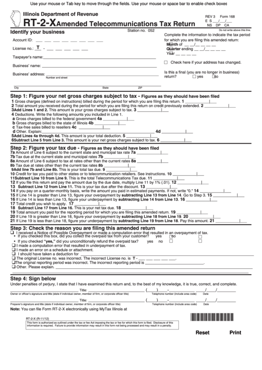 Fillable Form Rt-2-X - Amended Telecommunications Tax Return - Illinois Department Of Revenue Printable pdf